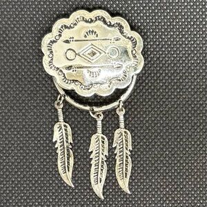 Vintage Southwestern Silver Tone Concho Feather Dangle Brooch Pin